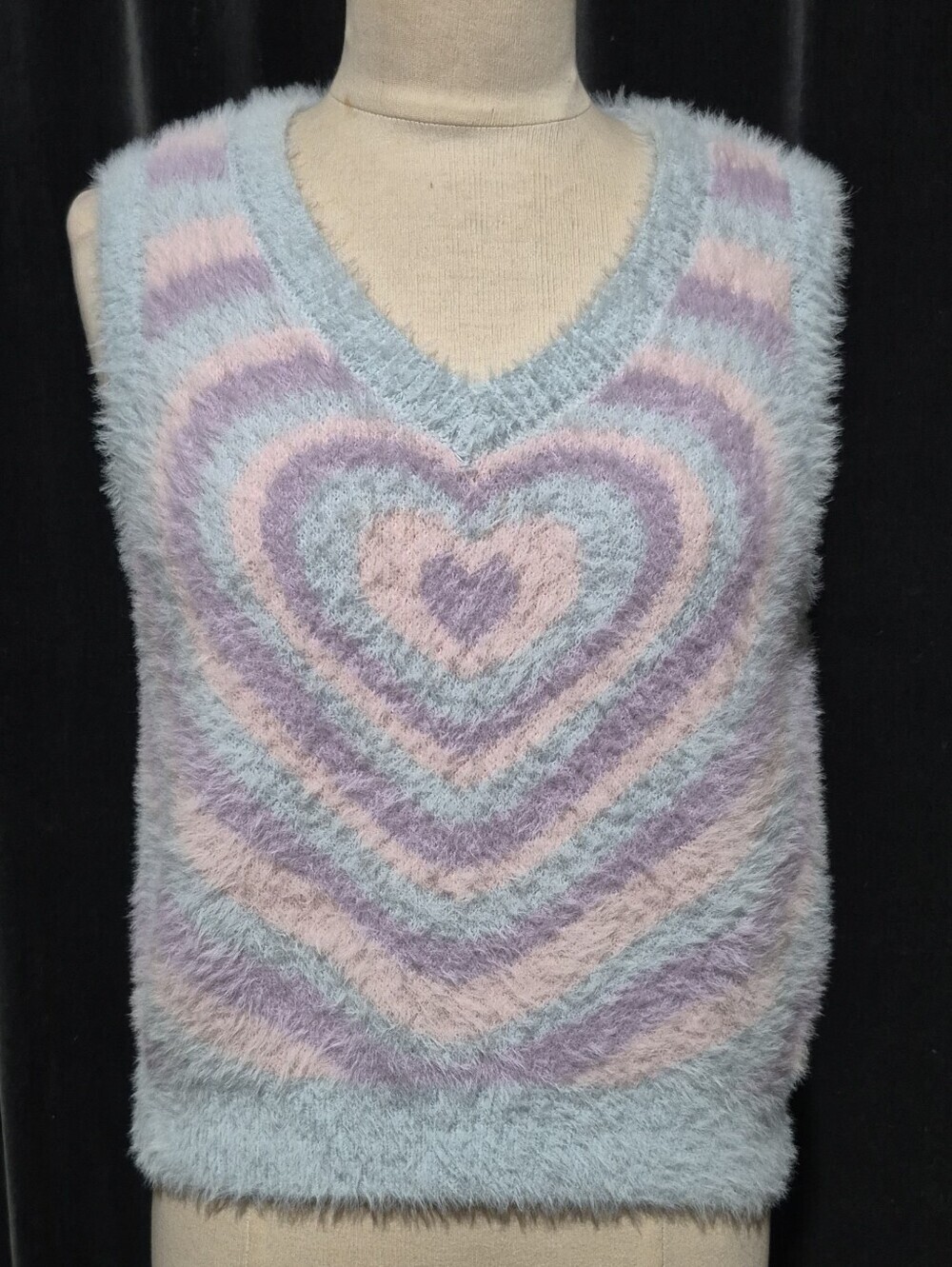 Fuzzy Heart-Stripe V-Neck Sweater Vest in Pastel (Box C) - Picture 1 of 6